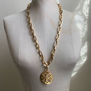 Tory Burch Logo Pendant Gold Tone Statement Necklace Chunky